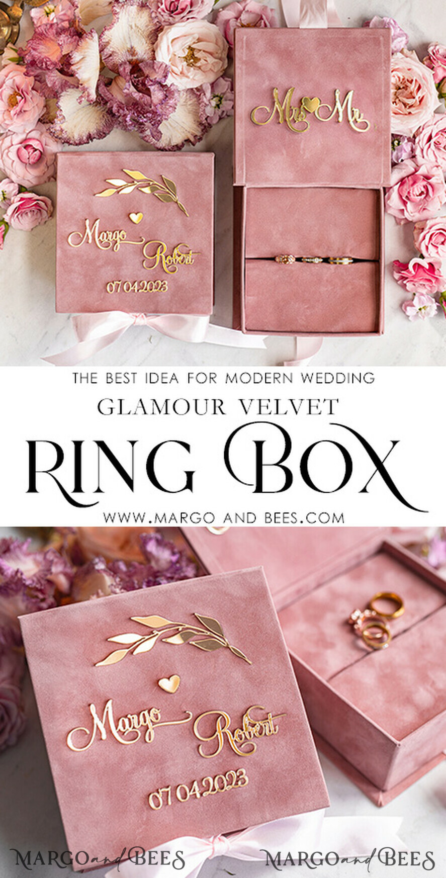 RINGTRÄGERBOXEN & KISSEN Samtkästchen für den Trauungszeremonie Blush Pink Goldene Samt Hochzeitsringbox für die Zeremonie, Ringbox für die Hochzeitszeremonie 3 Ringe Samt, Boho Glam Hochzeitsringboxen für ihn und sie, Luxuriöse Samt Ringbox doppelt maßgeschneiderte Farben