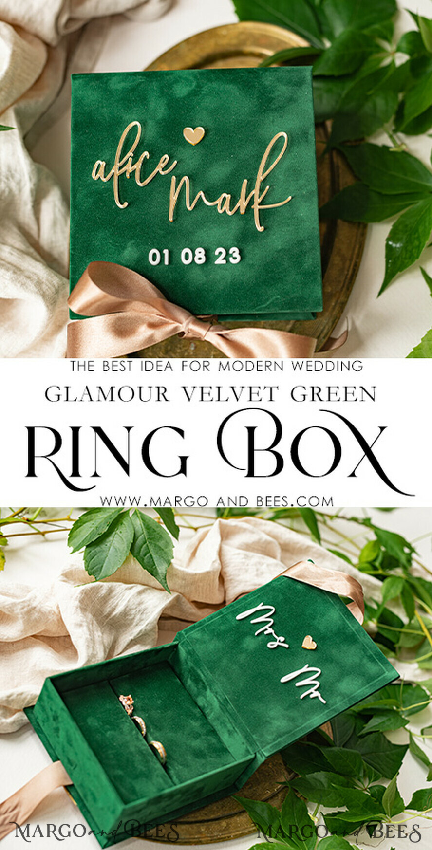 RINGTRÄGERBOXEN & KISSEN Samtkästchen für den Trauungszeremonie Grüne goldene Samt-Ehering-Box für die Zeremonie, Ringbox für die Hochzeitszeremonie 3 Ringe Samt, Boho Glam Hochzeitsringboxen für ihn und sie, Luxuriöse Samt-Ringbox doppelt, individuelle Farben.