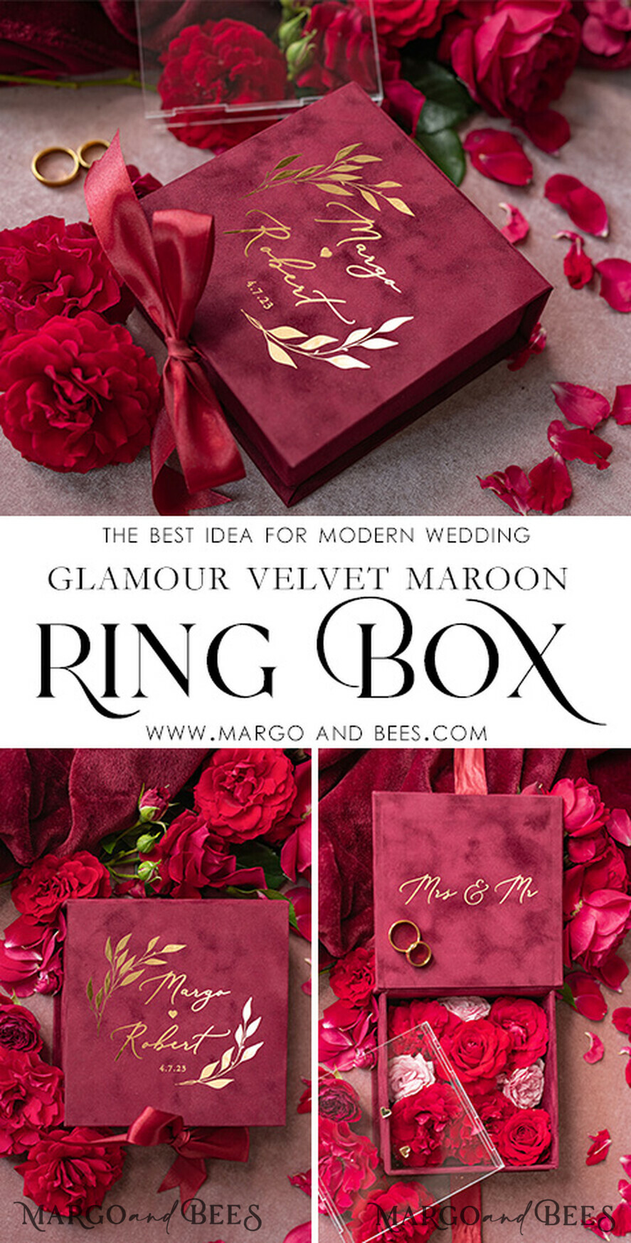 RINGTRÄGERBOXEN & KISSEN Samtkästchen für den Trauungszeremonie Luxuriöse Samt-Acryl-Hochzeitsring-Box, Glamour Bordeauxrot und goldene Hochzeitsring-Box, elegante Hochzeitsbox aus burgunderfarbenem Samt in Pink, handgefertigte Hochzeitsring-Box.