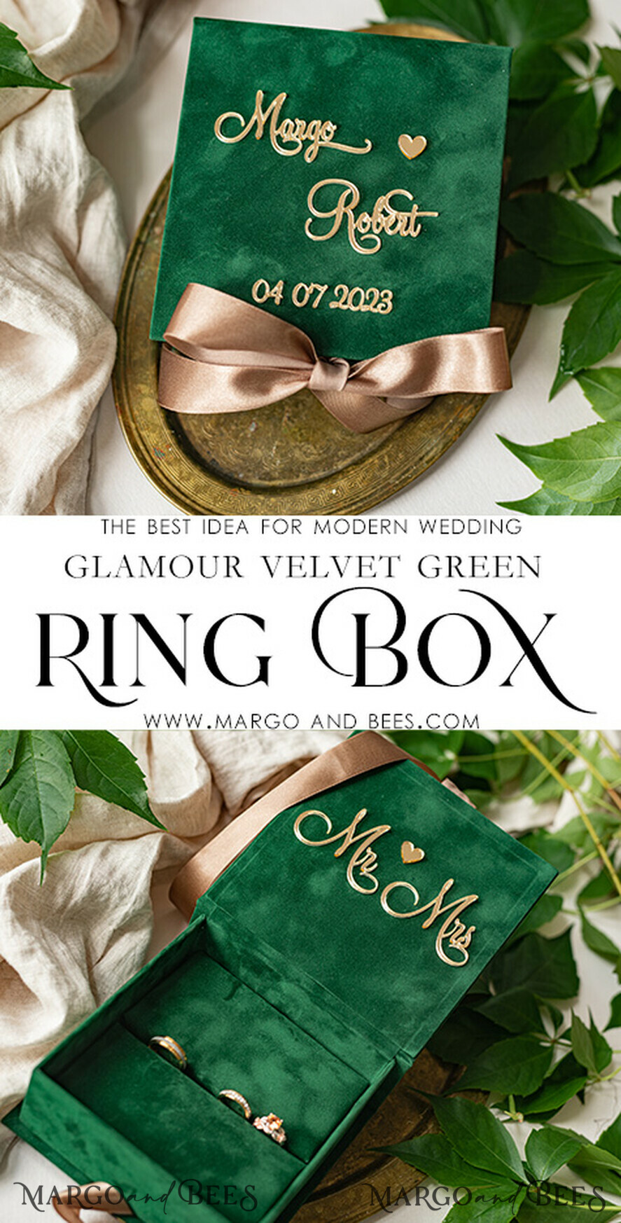 RINGTRÄGERBOXEN & KISSEN Samtkästchen für den Trauungszeremonie Grüne goldene Samt-Ringbox für die Zeremonie, Ringbox für die Hochzeitszeremonie 3 Ringe Samt, Boho Glam Hochzeitsringboxen für ihn und sie, Luxuriöse Samt-Ringbox doppelt, maßgeschneiderte Farben.