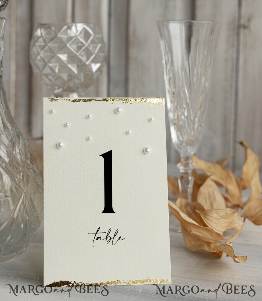 TABLE DECOR SIGNS glitter Luxury Wedding Table Number Card with Pearls & Gold Foil border – Textured Ivory Paper, Tent Style