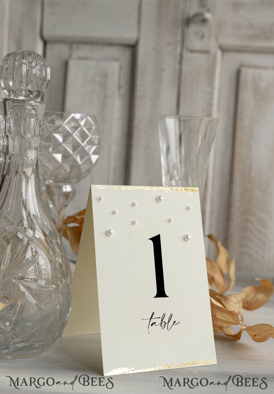 TABLE DECOR SIGNS glitter Luxury Wedding Table Number Card with Pearls & Gold Foil border – Textured Ivory Paper, Tent Style