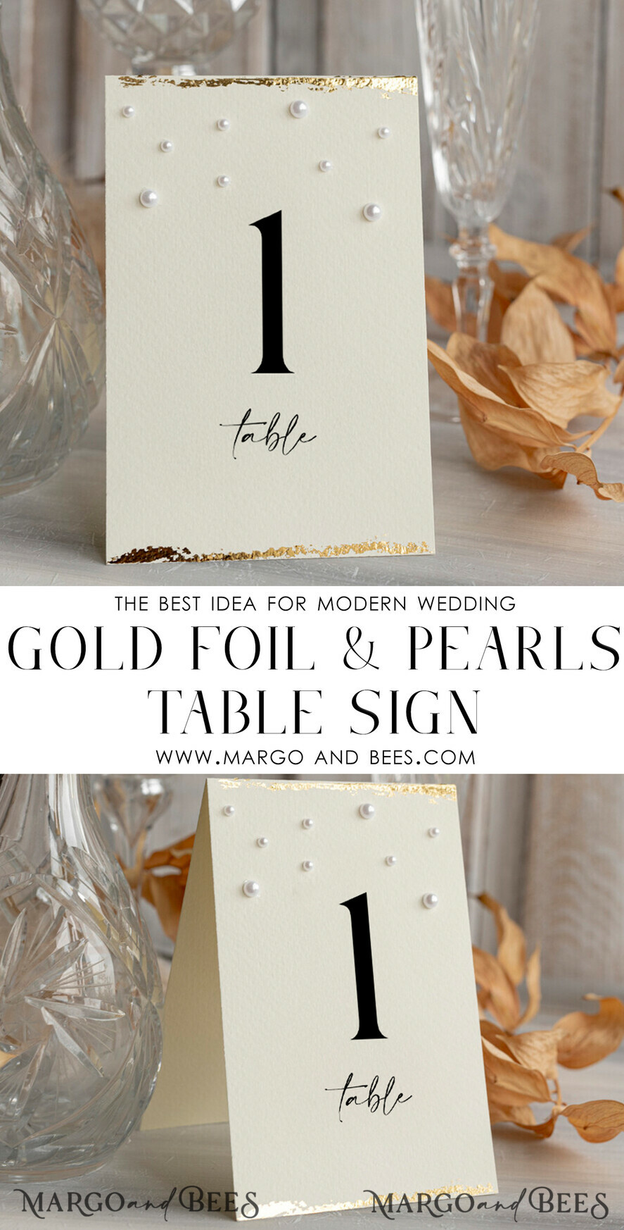 TABLE DECOR SIGNS glitter Luxury Wedding Table Number Card with Pearls & Gold Foil border – Textured Ivory Paper, Tent Style