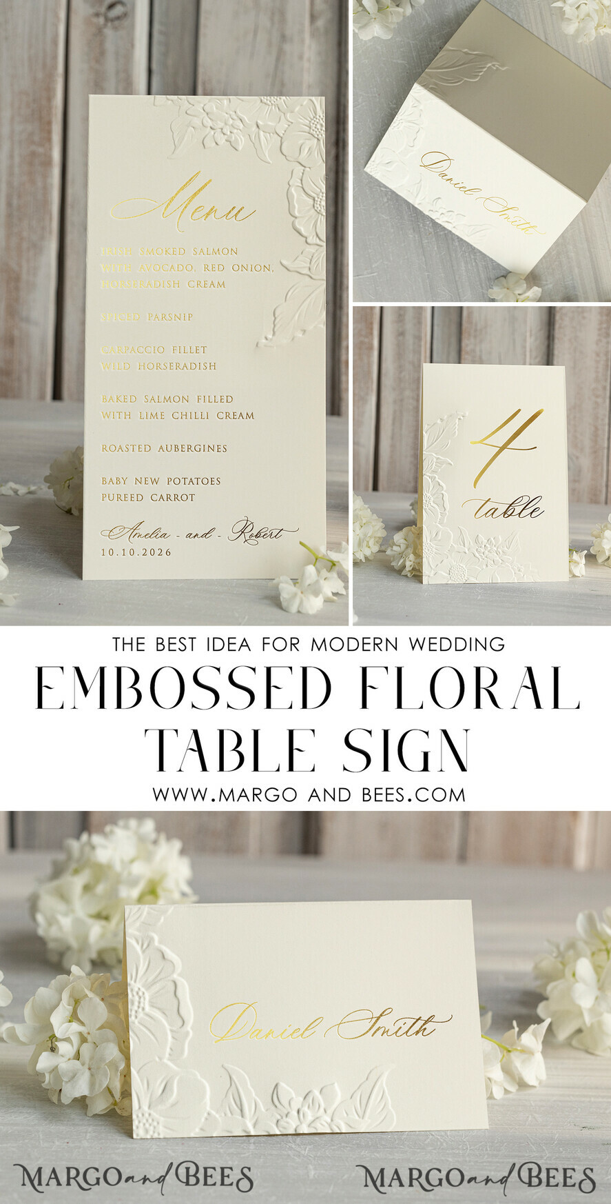 TISCHDEKORATIONSCHILDER   Glitzer Elegante goldene Hochzeitstischkarten mit geprägtem Blumendesign, elfenbeinfarbenem strukturiertem Papier, gefaltetem Zeltstil, klassischer Schriftart, luxuriöse Empfangsdekoration.