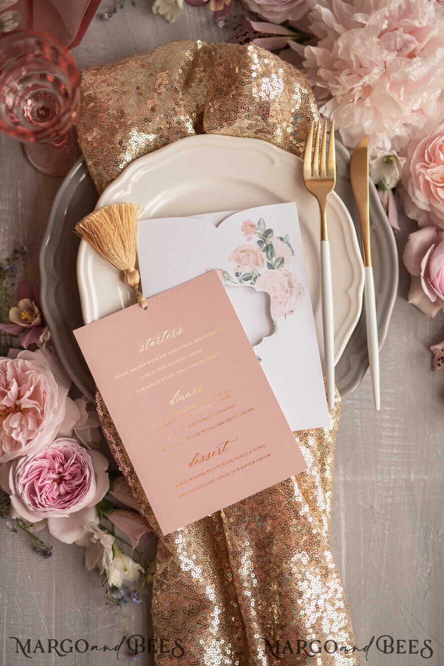 MENU & PROGRAMS glitter/ luxury premium Glamour Gold Foil Shine Wedding Menu, Romantic Blush Pink Floral Wedding Menu Cards, Luxury Arabic Menu With Pocket And Gold Tassel, Elegant Floral Wedding Menu
