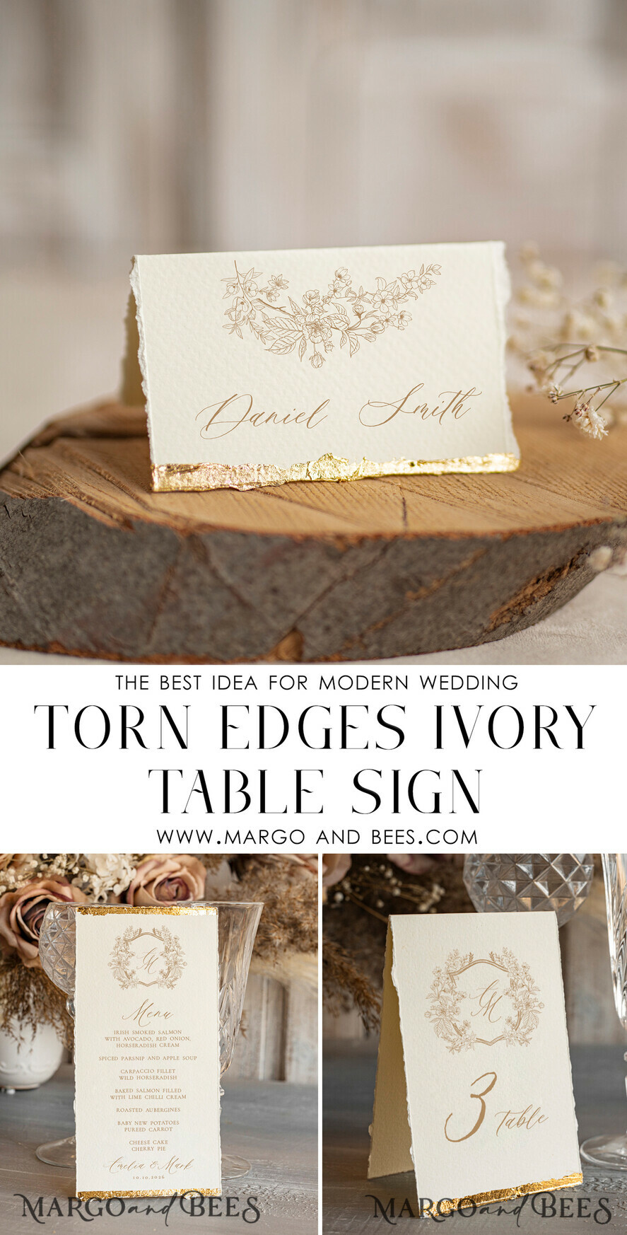MENU & PROGRAMS glitter/ luxury premium Elegant Ivory Wedding Menu, hand torn edge Elegant Wedding Menu Cards with gold foil border, program dinner wedding menu 