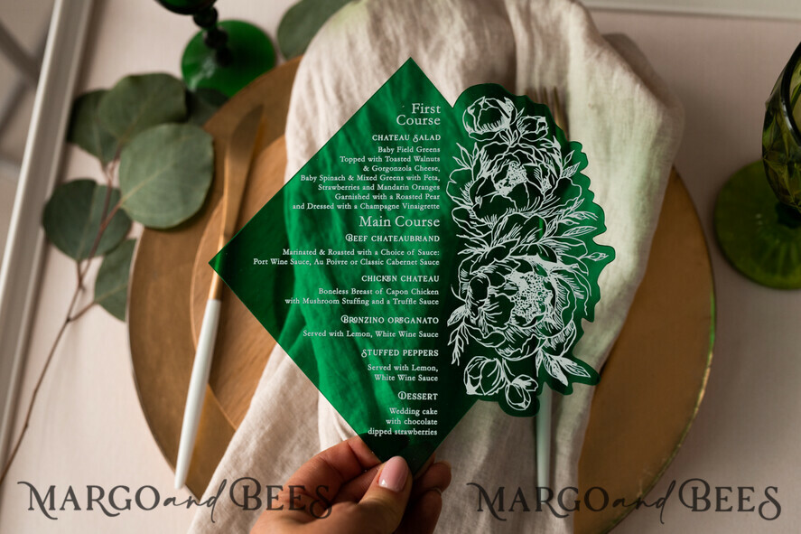 MENÜ & PROGRAMME  
 Glitzer/ Luxus Premium Smaragdgrünes Acryl Transparentes Tischmenü, Grünpflanzen Acryl Menü, Grünes Plexi Tischmenü, Luxuriöse Hochzeits Tischdekoration, Hochzeitsbeschilderung Abendessen Menü, sGA