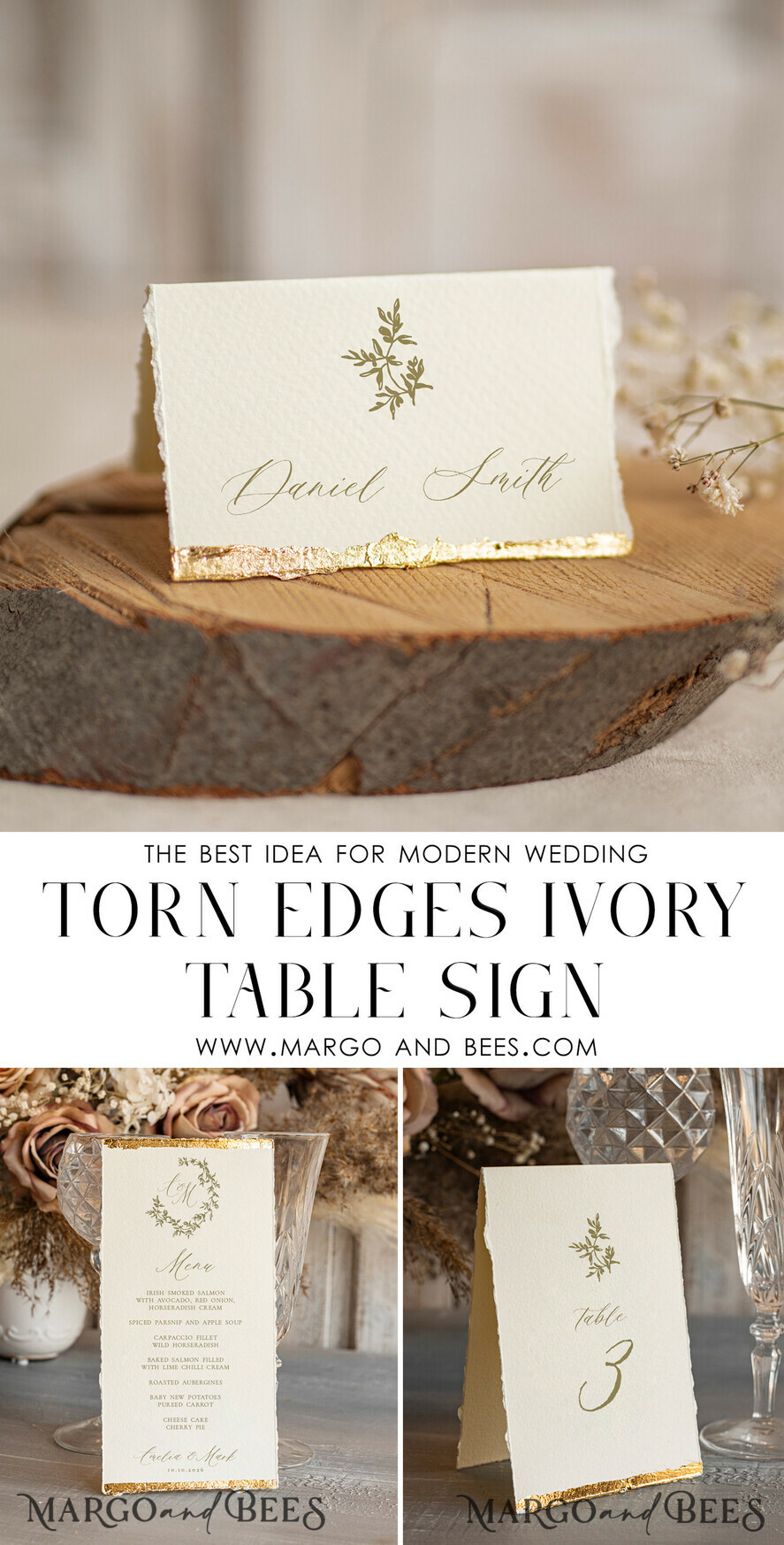 MENU & PROGRAMS glitter/ luxury premium Elegant Ivory Wedding Menu, hand torn edge Elegant Wedding Menu Cards with gold foil border, program dinner wedding menu 