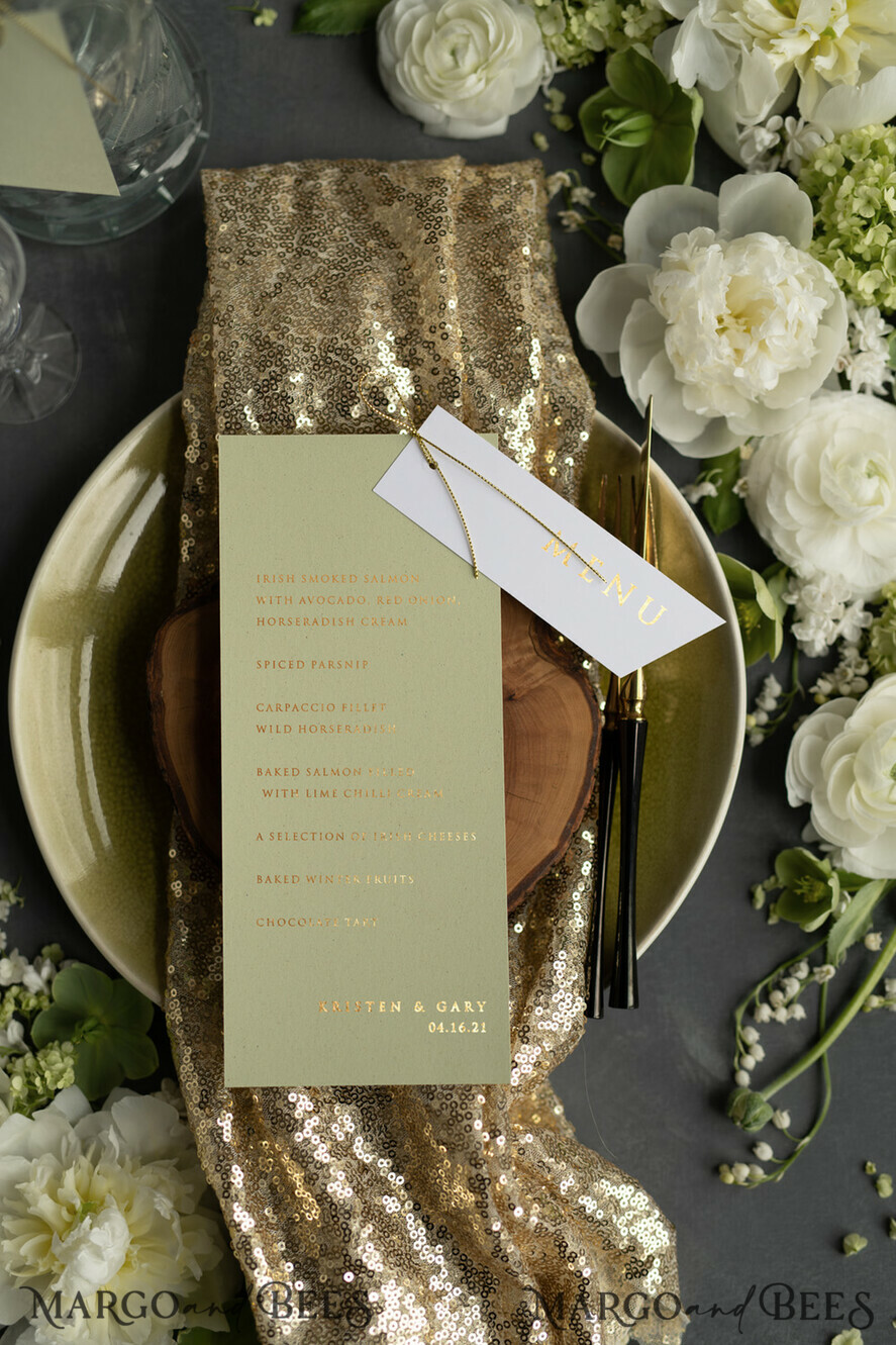 MENU & PROGRAMS glitter/ luxury premium Luxury Custom Gold Foil Wedding Menu, Elegant Sage Green Wedding Menu Cards, Glamour Green Golden Shine Dinner Menu, Geometric Wedding Menu With Golden Twine   