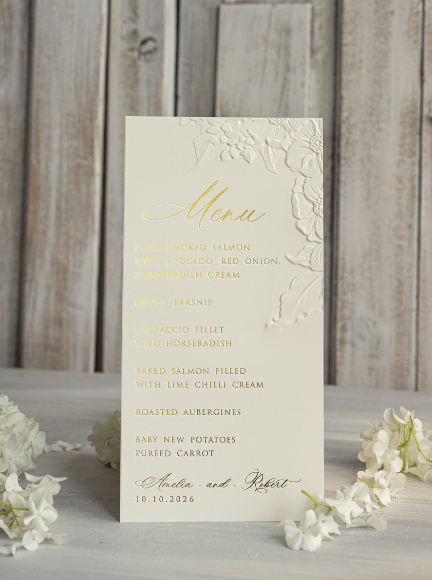 MENU & PROGRAMS glitter/ luxury premium Embossed Ivory Wedding Menu, Elegant Wedding Menu Cards With Floral Motif rose, Luxury Wedding Menu With Gold Foil