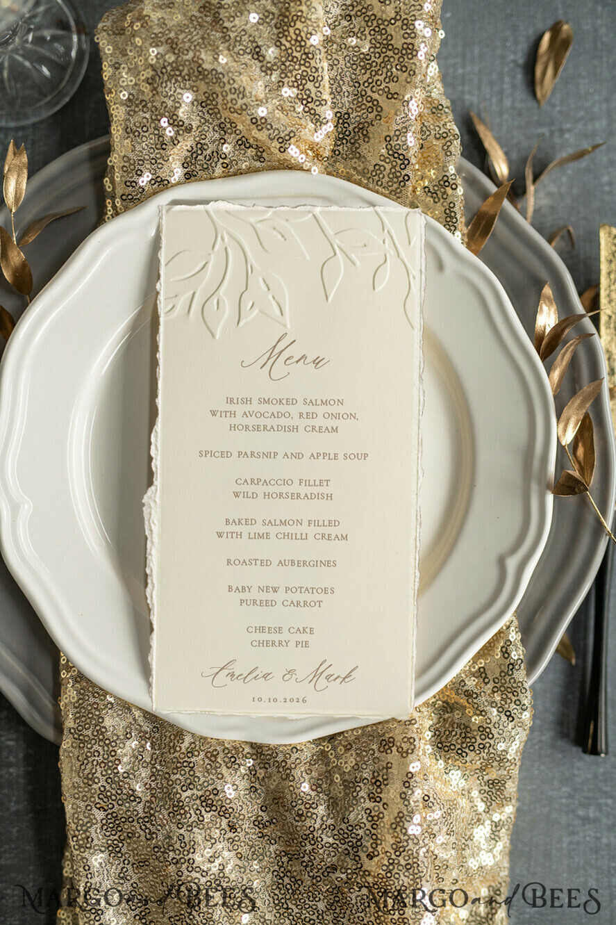 MENÜ & PROGRAMME  
 Glitzer/ Luxus Premium Prägung Elfenbein Hochzeitsmenü, zerrissene Kante Elegante Hochzeitsmenükarten mit floralen Blattmotiv, Luxus