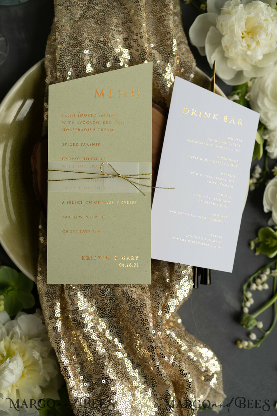 MENU & PROGRAMS glitter/ luxury premium Luxury Gold Foil Wedding Menu, Elegant Sage Green & White Wedding Menu Cards, Glamour Golden Shine Dinner Menu, Geometric Wedding Menu With Twine and Belly Band