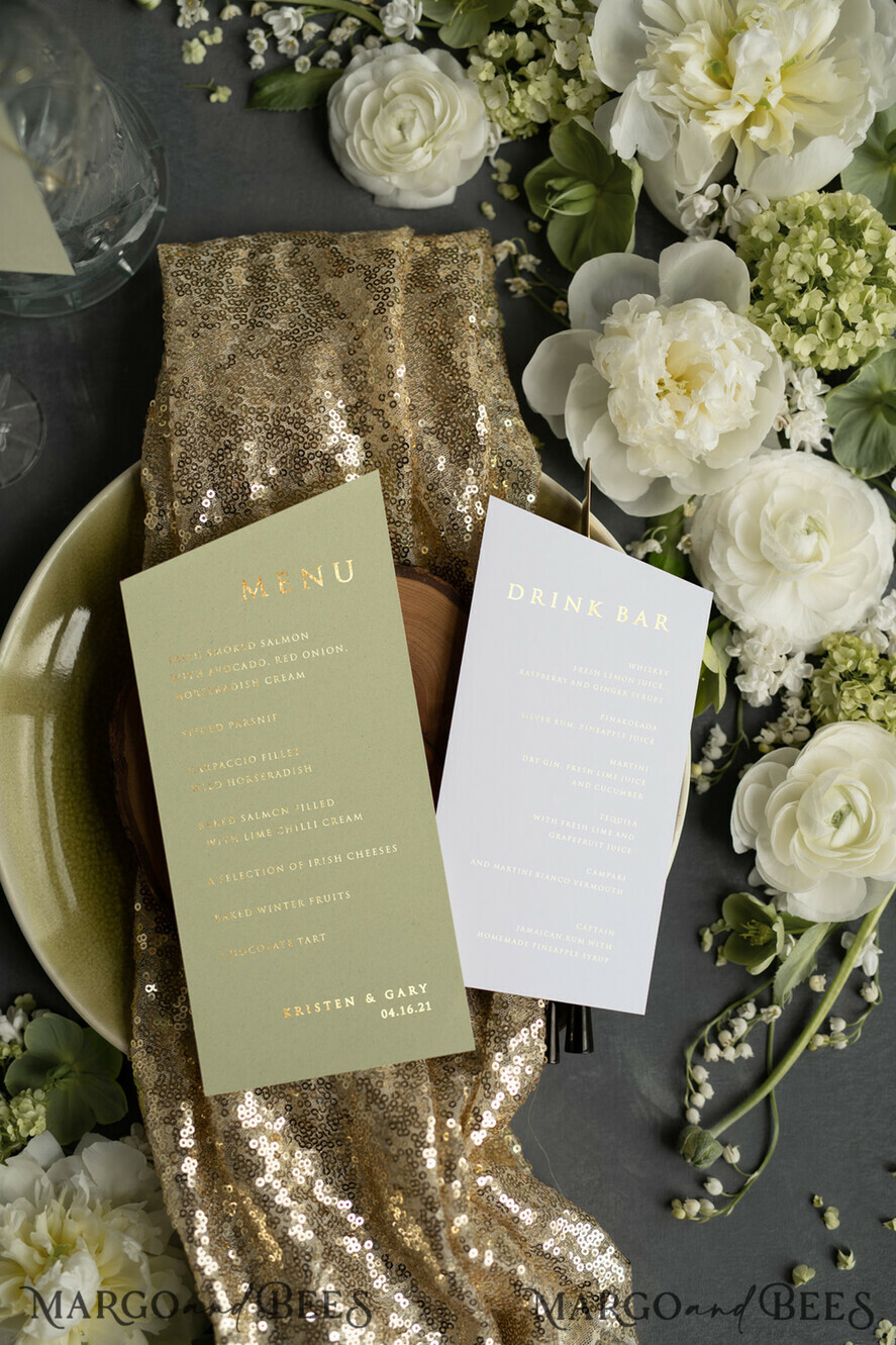 MENU & PROGRAMS glitter/ luxury premium Luxury Gold Foil Wedding Menu, Elegant Sage Green & White Wedding Menu Cards, Glamour Golden Shine Dinner Menu, Geometric Wedding Menu With Twine and Belly Band