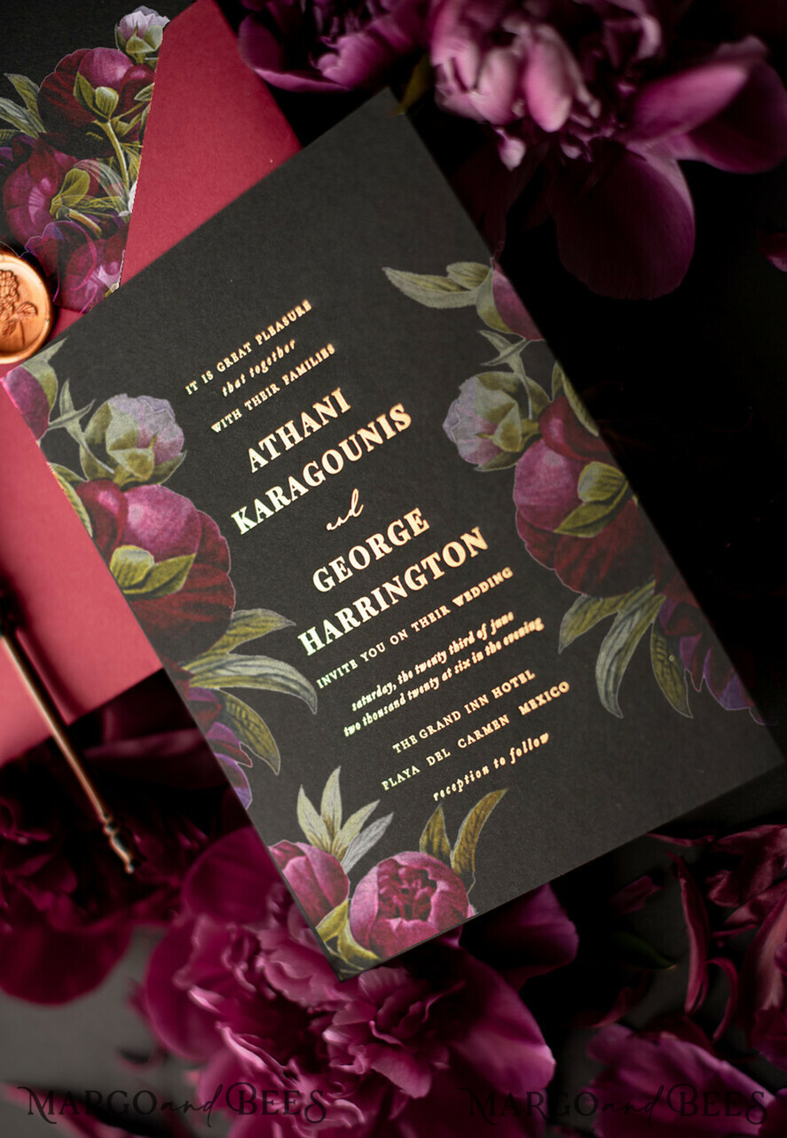 HOCHZEITS EINLADUNGEN Moderne Einladungen Florale Karten Schwarze Hochzeitseinladungen, schwarze Karte, rote Hochzeitseinladungen, burgunderrote Hochzeitseinladungen, Marsala Hochzeitseinladungen, Blumenblüte, roter Umschlag, rot-schwarze Hochzeitseinladungen, florale Hochzeitseinladungen, goldene Beschriftung, vintage Blumen, vintage Blumenillustration, vintage Hochzeitseinladungen, florale Hochzeitspapeterie, florale Hochzeitsaccessoires, personalisierte Hochzeitseinladungen, handgemachte Hochzeitseinladungen.
