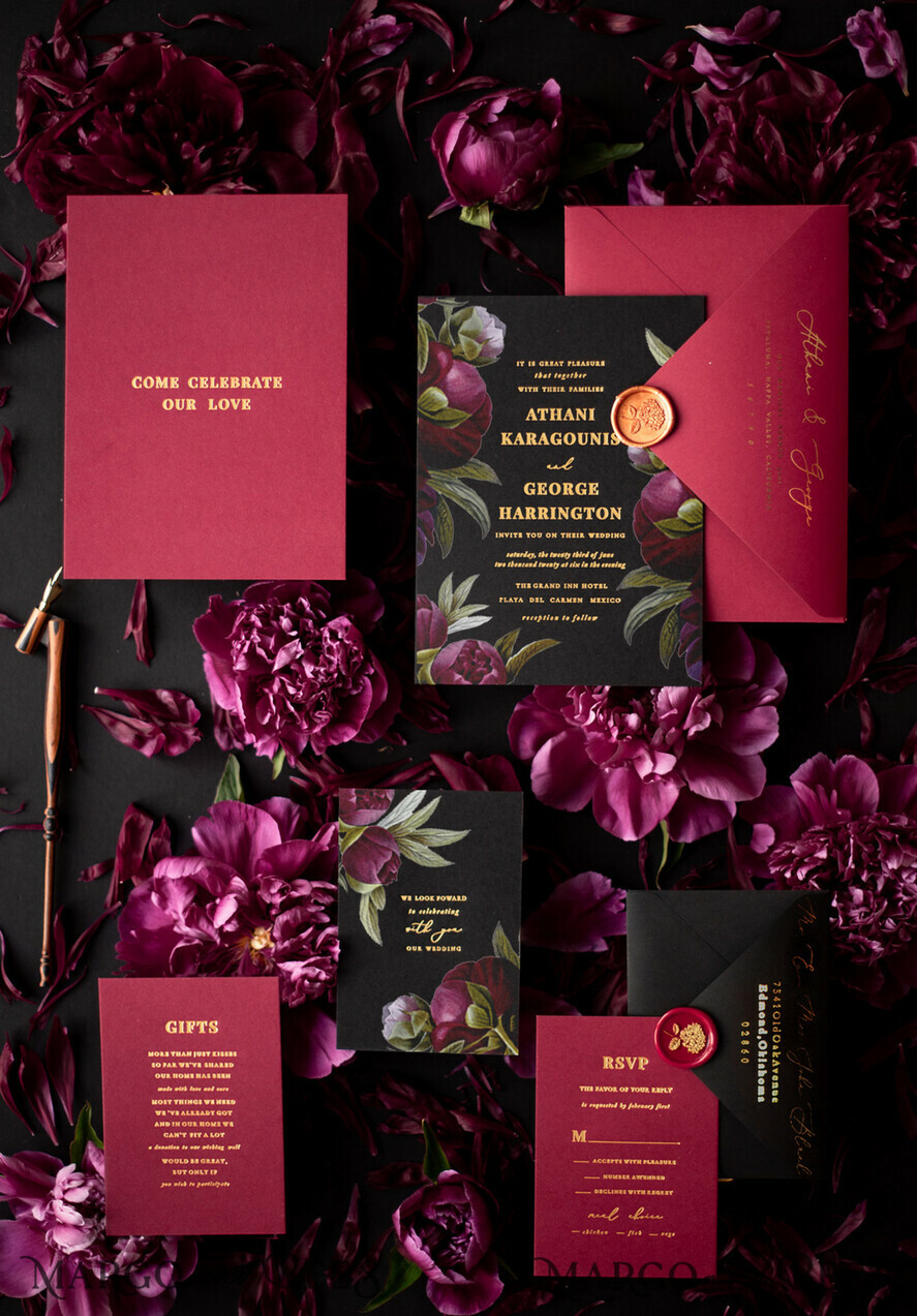 HOCHZEITS EINLADUNGEN Moderne Einladungen Florale Karten Schwarze Hochzeitseinladungen, schwarze Karte, rote Hochzeitseinladungen, burgunderrote Hochzeitseinladungen, Marsala Hochzeitseinladungen, Blumenblüte, roter Umschlag, rot-schwarze Hochzeitseinladungen, florale Hochzeitseinladungen, goldene Beschriftung, vintage Blumen, vintage Blumenillustration, vintage Hochzeitseinladungen, florale Hochzeitspapeterie, florale Hochzeitsaccessoires, personalisierte Hochzeitseinladungen, handgemachte Hochzeitseinladungen.