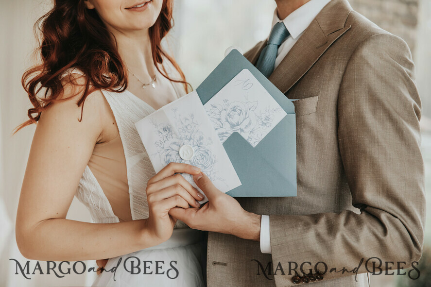 HOCHZEITS EINLADUNGEN Moderne Einladungen Florale Karten Zarte staubblaue Hochzeitskarten, moderne florale Hochzeits-Einladungen, minimalistische Vellum-Hochzeitseinladungssuite, elegante und handgemachte Hochzeitsstationery