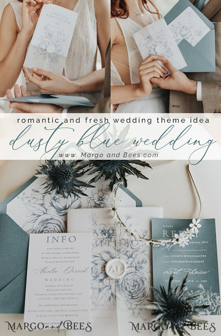 HOCHZEITS EINLADUNGEN Moderne Einladungen Florale Karten Zarte staubblaue Hochzeitskarten, moderne florale Hochzeits-Einladungen, minimalistische Vellum-Hochzeitseinladungssuite, elegante und handgemachte Hochzeitsstationery