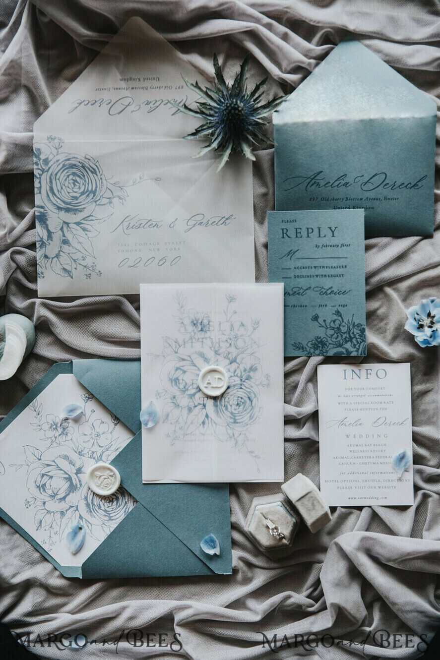 HOCHZEITS EINLADUNGEN Moderne Einladungen Florale Karten Zarte staubblaue Hochzeitskarten, moderne florale Hochzeits-Einladungen, minimalistische Vellum-Hochzeitseinladungssuite, elegante und handgemachte Hochzeitsstationery