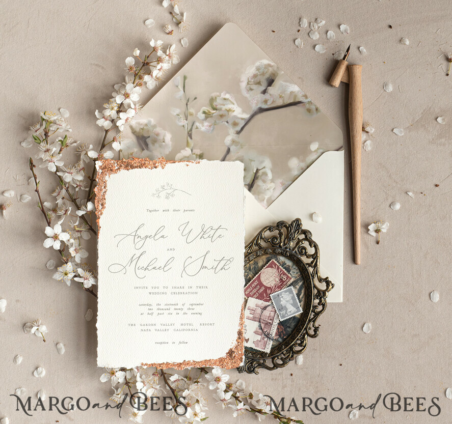 HOCHZEITS EINLADUNGEN Moderne Einladungen Florale Karten Personalisierte Hochzeitskarte mit Satinband, Elegante Hochzeitseinladungen, Fine Art Hochzeitskarten-Set, Hochzeitskarten aus goldenem, gezacktem Papier.