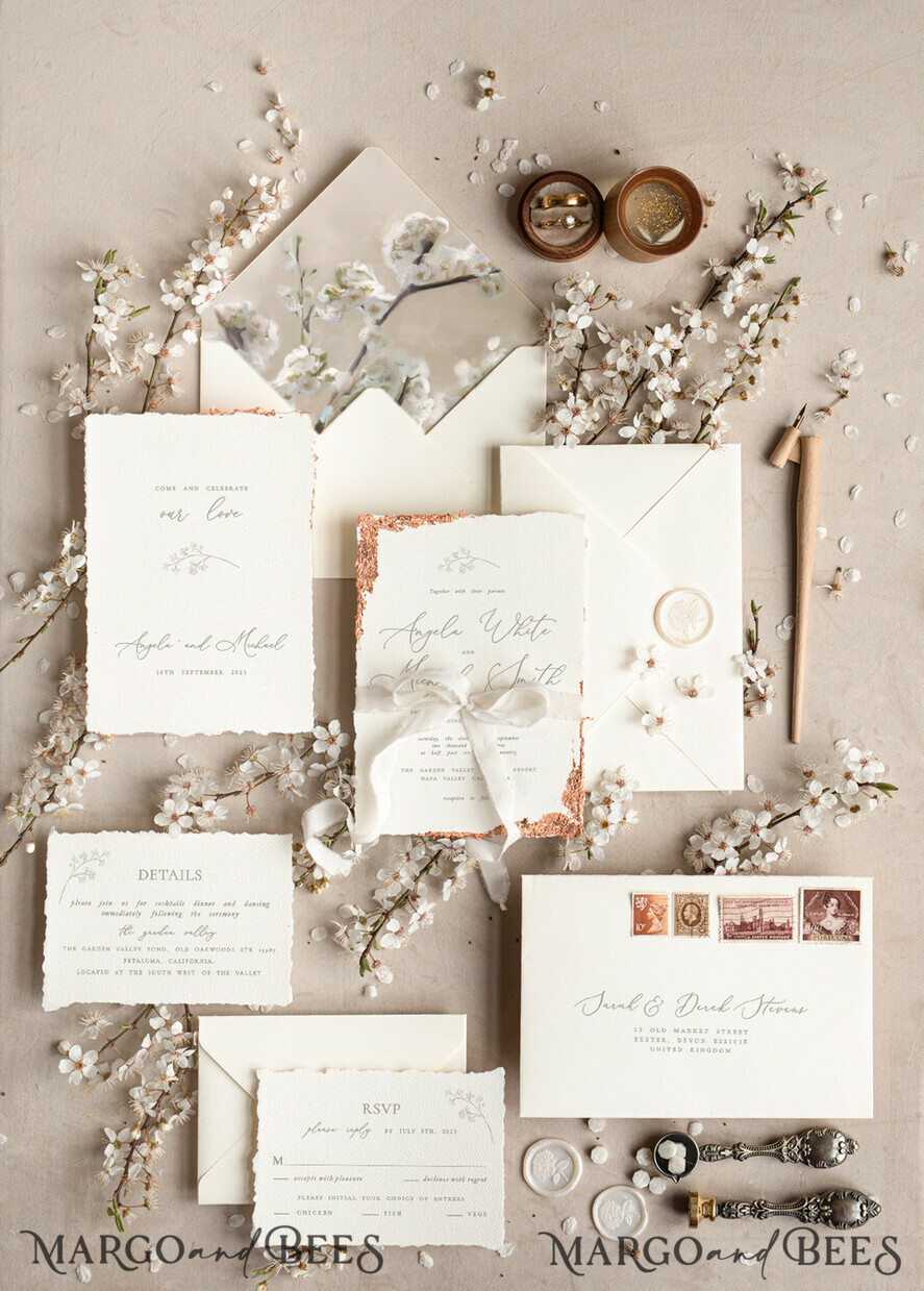 HOCHZEITS EINLADUNGEN Moderne Einladungen Florale Karten Personalisierte Hochzeitskarte mit Satinband, Elegante Hochzeitseinladungen, Fine Art Hochzeitskarten-Set, Hochzeitskarten aus goldenem, gezacktem Papier.