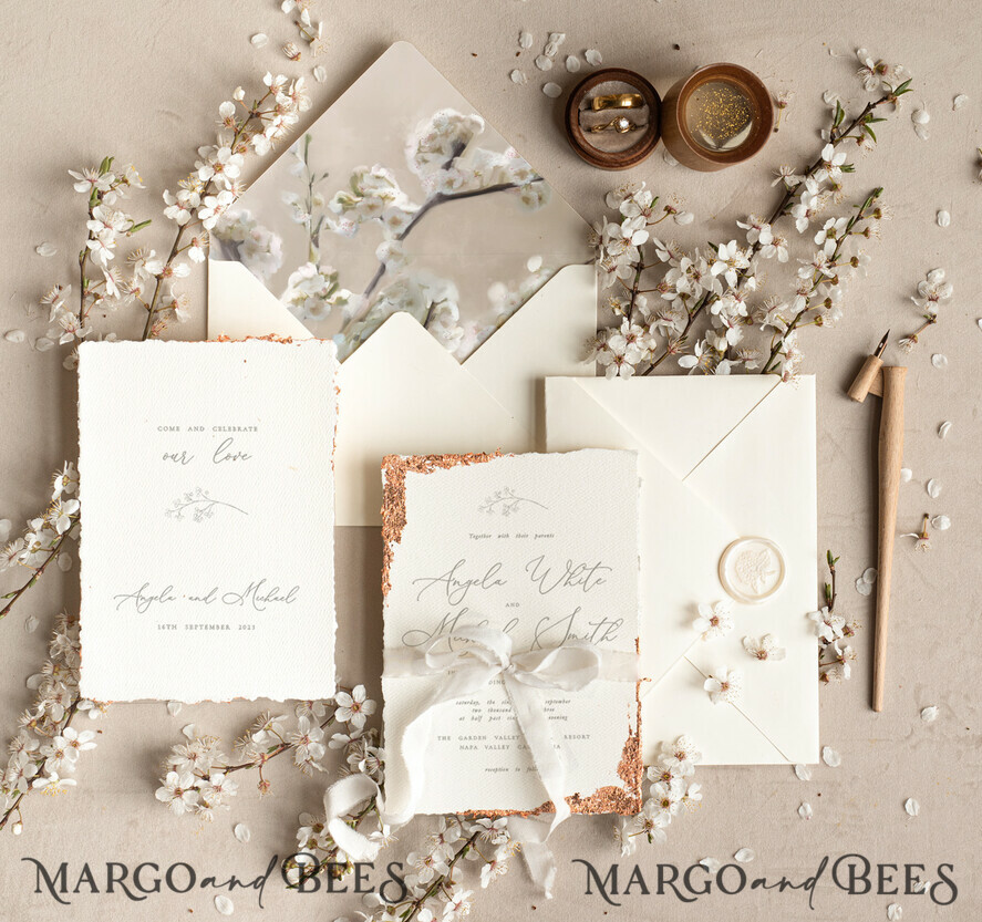 HOCHZEITS EINLADUNGEN Moderne Einladungen Florale Karten Personalisierte Hochzeitskarte mit Satinband, Elegante Hochzeitseinladungen, Fine Art Hochzeitskarten-Set, Hochzeitskarten aus goldenem, gezacktem Papier.