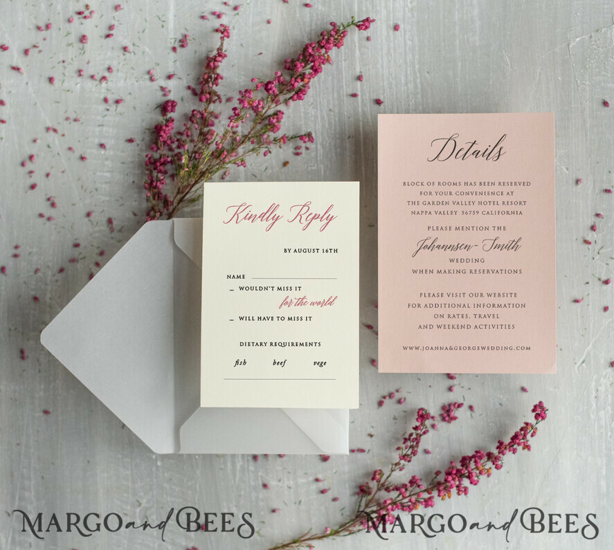 WEDDING INVITATIONS Modern Invites Floral Cards  Romantic Blush Pink Wedding Invitations, Elegant Wedding Invitation Suite With Heather, Delicate Vellum Wedding Invites, Minimalistic Wedding Cards