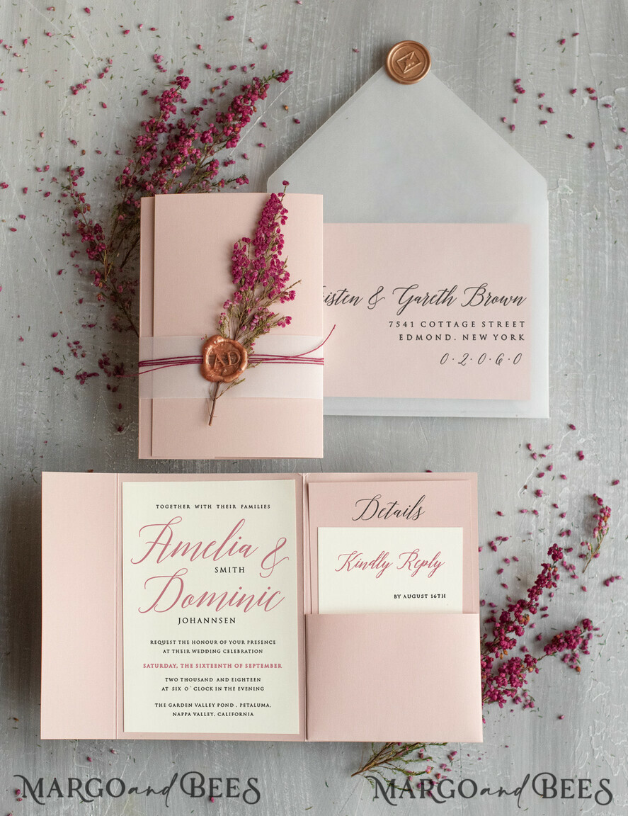 WEDDING INVITATIONS Modern Invites Floral Cards  Romantic Blush Pink Wedding Invitations, Elegant Wedding Invitation Suite With Heather, Delicate Vellum Wedding Invites, Minimalistic Wedding Cards