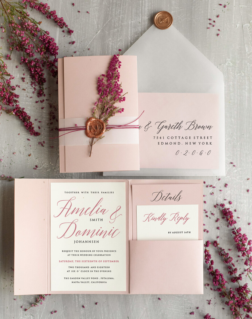 WEDDING INVITATIONS Modern Invites Floral Cards  Romantic Blush Pink Wedding Invitations, Elegant Wedding Invitation Suite With Heather, Delicate Vellum Wedding Invites, Minimalistic Wedding Cards