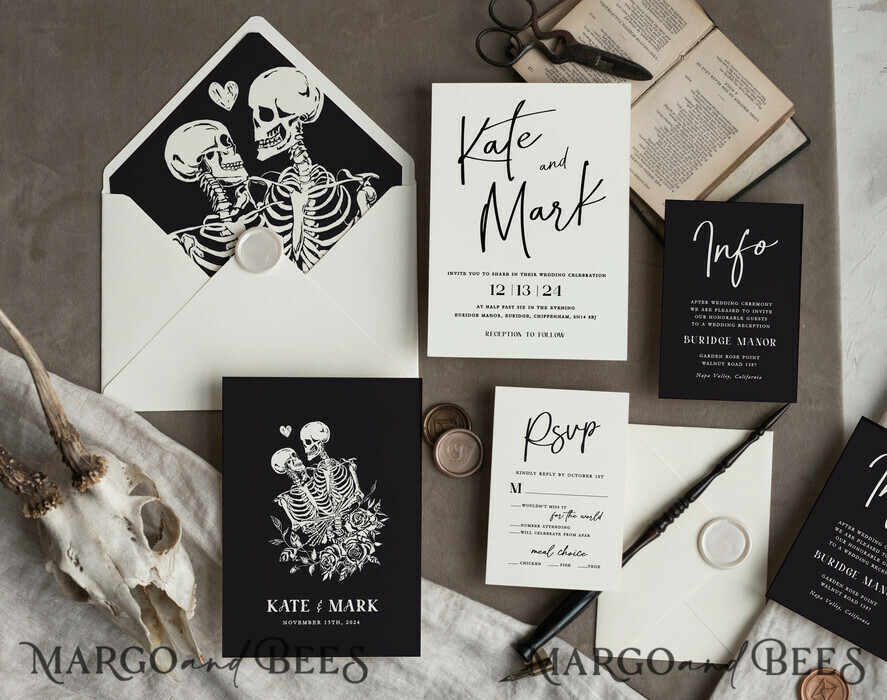HOCHZEITS EINLADUNGEN Moderne Einladungen Florale Karten Halloween Hochzeitskarten Suite, Schwarze Einladungen, Tarotkarten Einladungen, Gothic Hochzeitskarten, Das Liebespaar Skelett Hochzeitsset schwarz