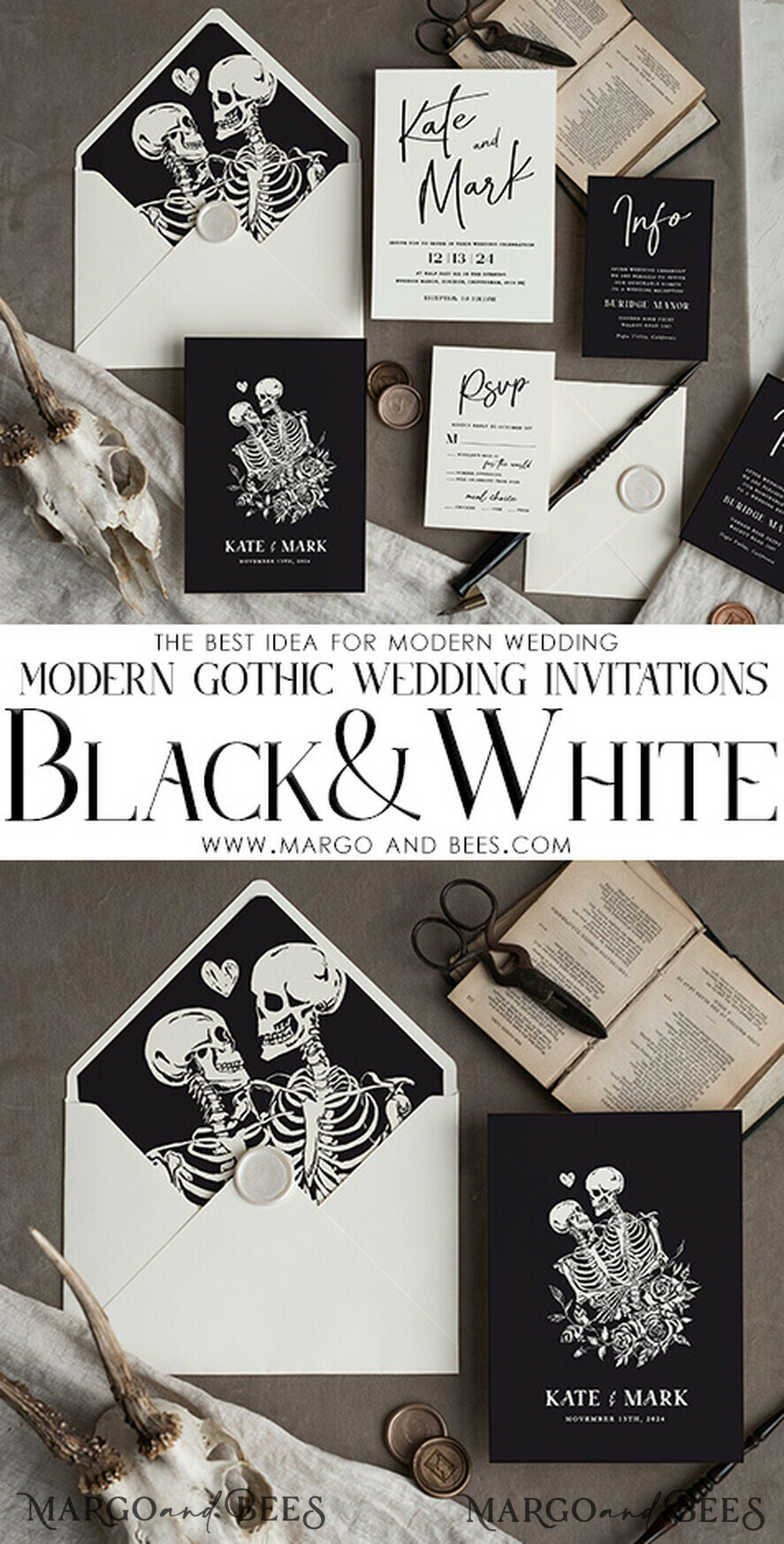 HOCHZEITS EINLADUNGEN Moderne Einladungen Florale Karten Halloween Hochzeitskarten Suite, Schwarze Einladungen, Tarotkarten Einladungen, Gothic Hochzeitskarten, Das Liebespaar Skelett Hochzeitsset schwarz
