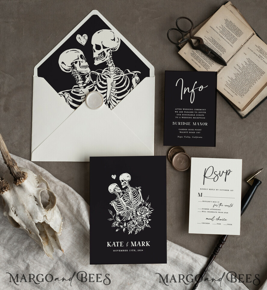 HOCHZEITS EINLADUNGEN Moderne Einladungen Florale Karten Halloween Hochzeitskarten Suite, Schwarze Einladungen, Tarotkarten Einladungen, Gothic Hochzeitskarten, Das Liebespaar Skelett Hochzeitsset schwarz