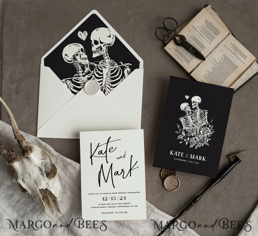 HOCHZEITS EINLADUNGEN Moderne Einladungen Florale Karten Halloween Hochzeitskarten Suite, Schwarze Einladungen, Tarotkarten Einladungen, Gothic Hochzeitskarten, Das Liebespaar Skelett Hochzeitsset schwarz