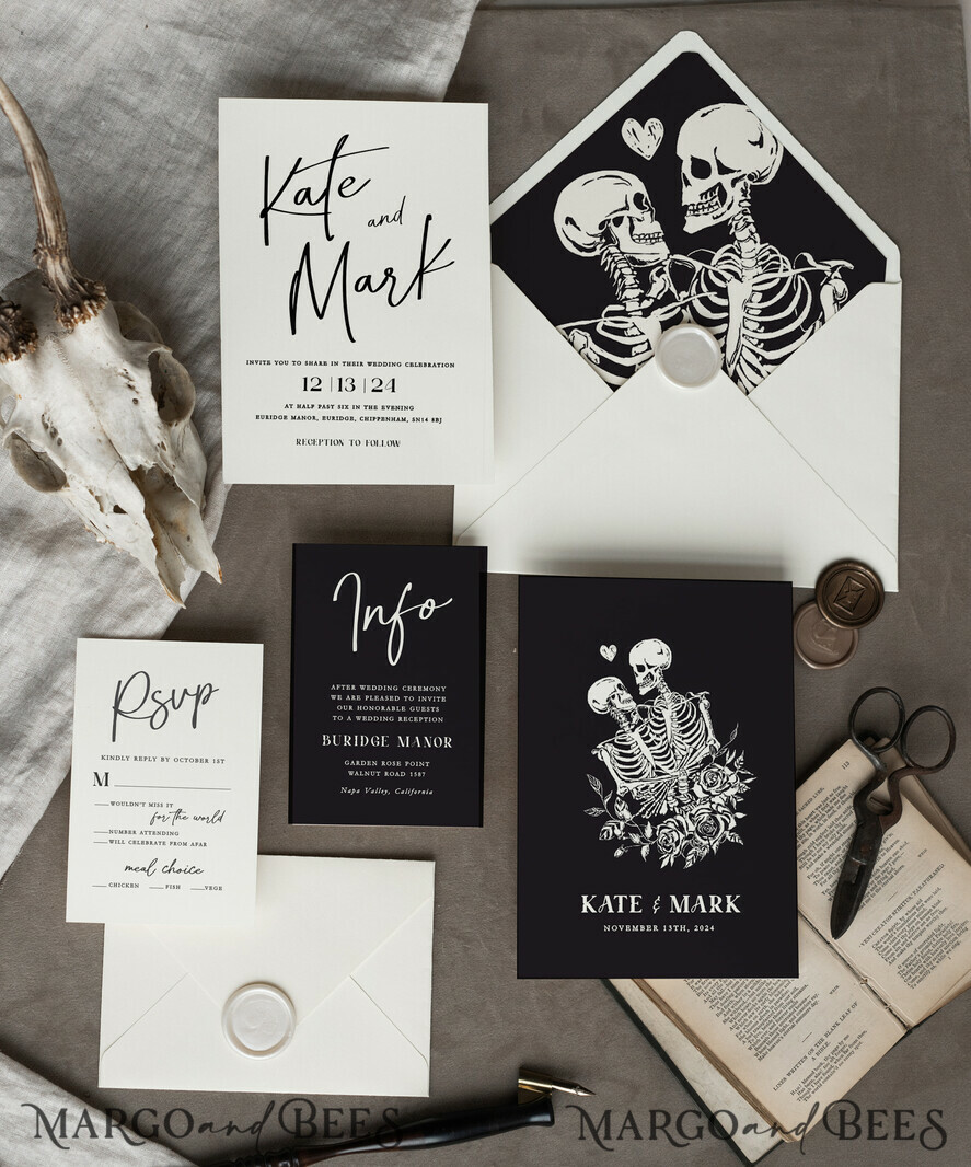 HOCHZEITS EINLADUNGEN Moderne Einladungen Florale Karten Halloween Hochzeitskarten Suite, Schwarze Einladungen, Tarotkarten Einladungen, Gothic Hochzeitskarten, Das Liebespaar Skelett Hochzeitsset schwarz