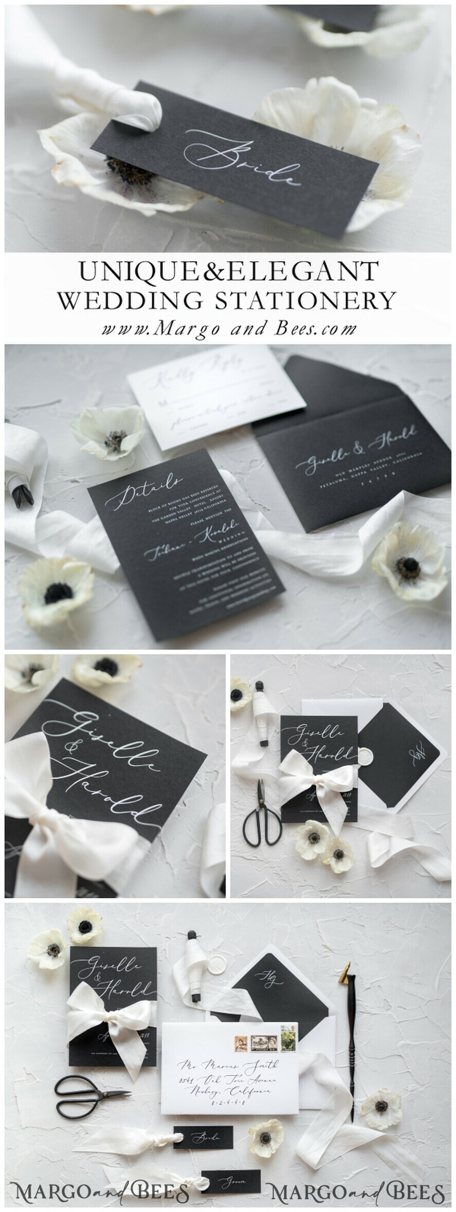 PLACE CARDS / TABLE CARDS Romantic Boho/ Botanical/ Floral Luxury Black Wedding Table Place Cards with White Silk Ribbon, Custom Wording Classy Black Wedding Place Cards,  Romantic Name Tags for Your Wedding Tables