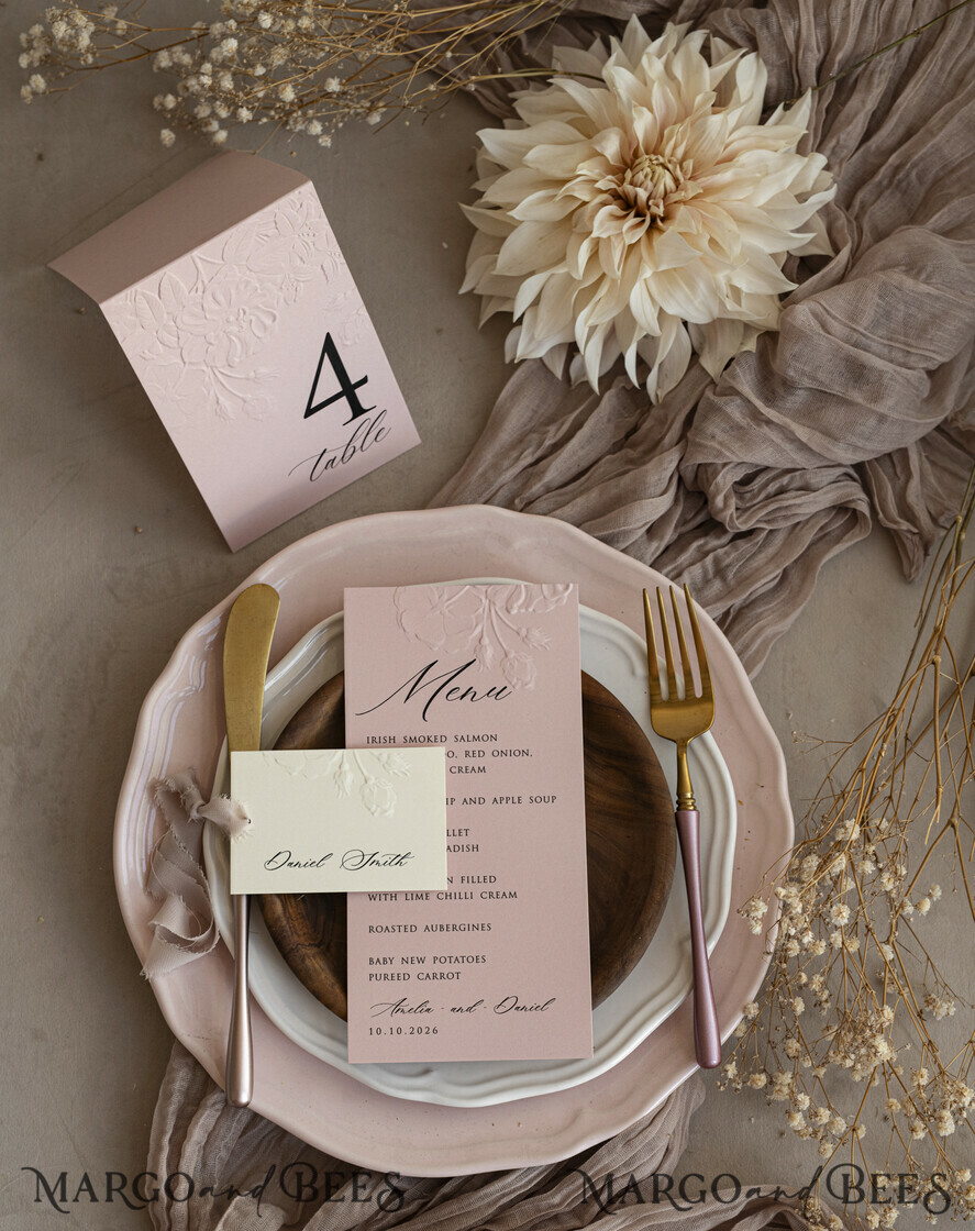 PLACE CARDS / TABLE CARDS Romantic Boho/ Botanical/ Floral Embossed Floral Wedding Place Cards, Personalized Wedding Name Cards, Luxury White Escort Cards, Elegant Reception Table Decor
