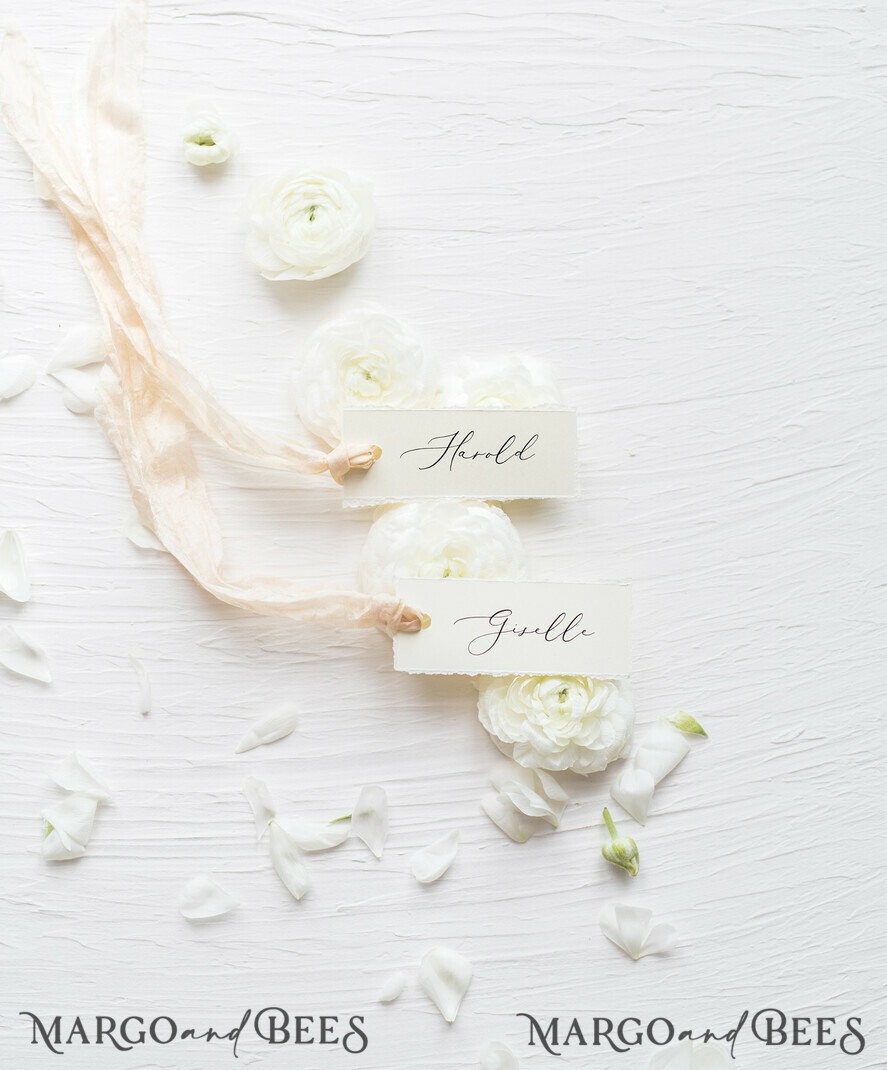PLACE CARDS / TABLE CARDS Romantic Boho/ Botanical/ Floral Romantic Deckle-Edge Ivory Wedding Place Cards with Silk Ribbon, Elegant Wedding Table Place Cards, Minimalistic Name Tags for Your Wedding Tables, Simple Cards