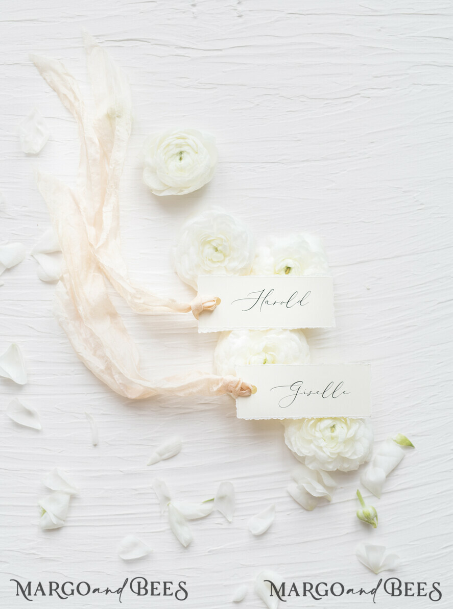 PLACE CARDS / TABLE CARDS Romantic Boho/ Botanical/ Floral Romantic Deckle-Edge Ivory Wedding Place Cards with Silk Ribbon, Elegant Wedding Table Place Cards, Minimalistic Name Tags for Your Wedding Tables, Simple Cards
