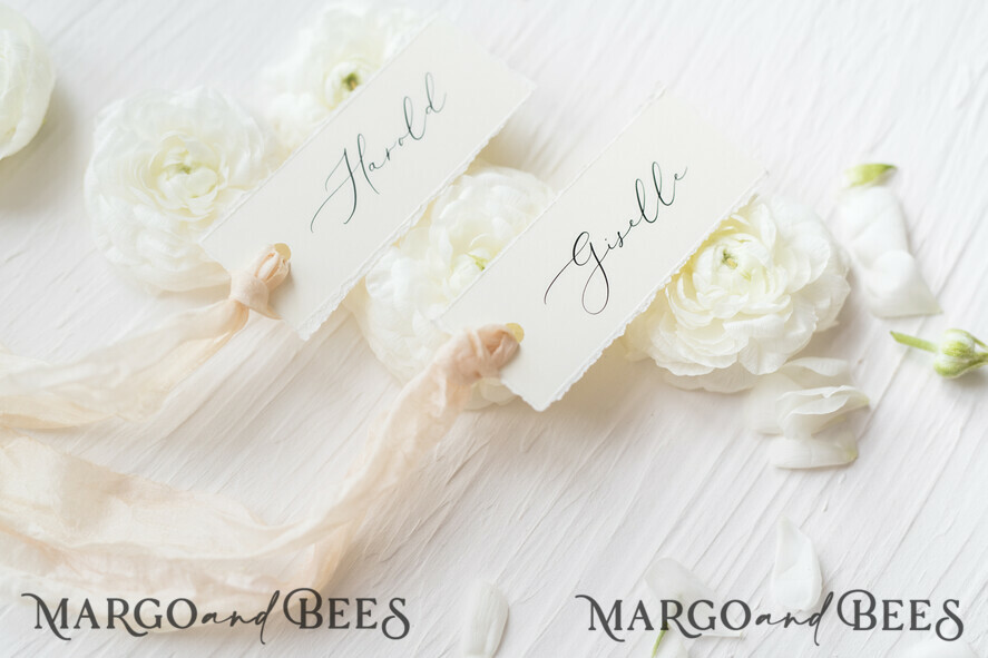 PLACE CARDS / TABLE CARDS Romantic Boho/ Botanical/ Floral Romantic Deckle-Edge Ivory Wedding Place Cards with Silk Ribbon, Elegant Wedding Table Place Cards, Minimalistic Name Tags for Your Wedding Tables, Simple Cards