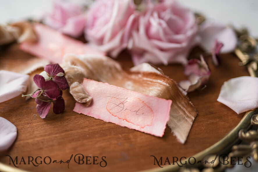 PLACE CARDS / TABLE CARDS Romantic Boho/ Botanical/ Floral Classy Pink Watercolor Wedding Place Cards with Ribbon, Custom Wording Table Place cards, Modern Gorgeous Name Tags, Unique Pink Wedding Stationery Place Cards