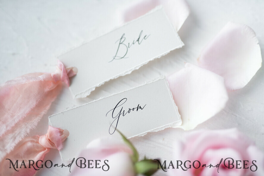 PLACE CARDS / TABLE CARDS Romantic Boho/ Botanical/ Floral White Deckle-Edge Wedding Place Cards with Dyed Silk Ribbon, Elegant Custom Wording Table Place Cards, Minimalistic Name Tags, Simple Modern Wedding Stationery