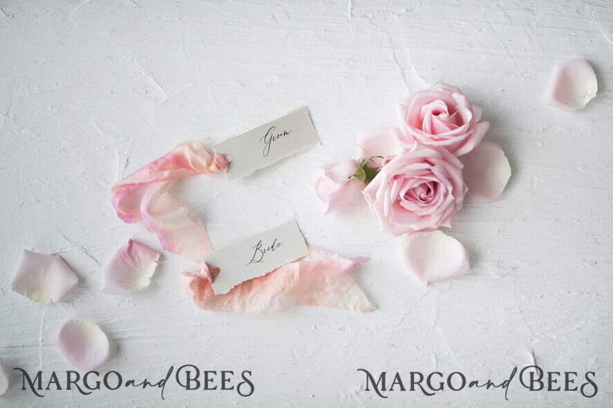 PLACE CARDS / TABLE CARDS Romantic Boho/ Botanical/ Floral White Deckle-Edge Wedding Place Cards with Dyed Silk Ribbon, Elegant Custom Wording Table Place Cards, Minimalistic Name Tags, Simple Modern Wedding Stationery