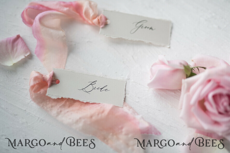PLACE CARDS / TABLE CARDS Romantic Boho/ Botanical/ Floral White Deckle-Edge Wedding Place Cards with Dyed Silk Ribbon, Elegant Custom Wording Table Place Cards, Minimalistic Name Tags, Simple Modern Wedding Stationery