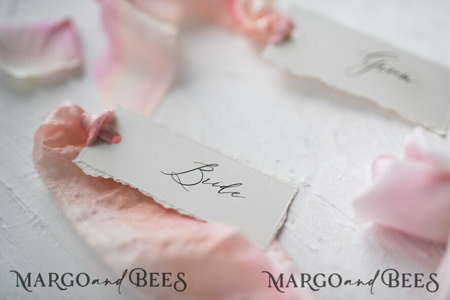 PLACE CARDS / TABLE CARDS Romantic Boho/ Botanical/ Floral White Deckle-Edge Wedding Place Cards with Dyed Silk Ribbon, Elegant Custom Wording Table Place Cards, Minimalistic Name Tags, Simple Modern Wedding Stationery