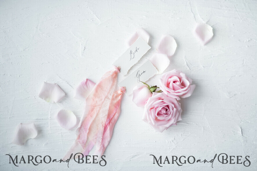 PLACE CARDS / TABLE CARDS Romantic Boho/ Botanical/ Floral White Deckle-Edge Wedding Place Cards with Dyed Silk Ribbon, Elegant Custom Wording Table Place Cards, Minimalistic Name Tags, Simple Modern Wedding Stationery