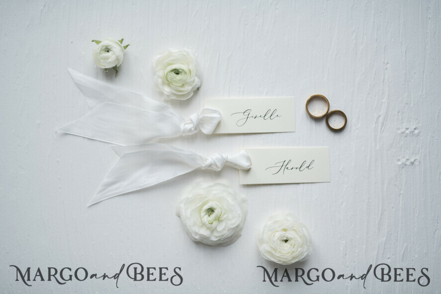 PLACE CARDS / TABLE CARDS Romantic Boho/ Botanical/ Floral Romantic Ivory Wedding Place Cards, Silk White Ribbon Wedding Cards, Elegant Wedding Name Tags, Minimalist Place Cards, Simple Custom Wedding Table Place Cards