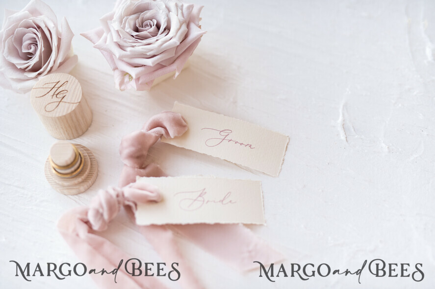 PLACE CARDS / TABLE CARDS Romantic Boho/ Botanical/ Floral Romantic Ivory Wedding Place Cards with Blush Pink Velvet Ribbon, Elegant Cards with Blush Pink Custom Wording, Minimalistic Name Tags, Decle-Edged Wedding Tags