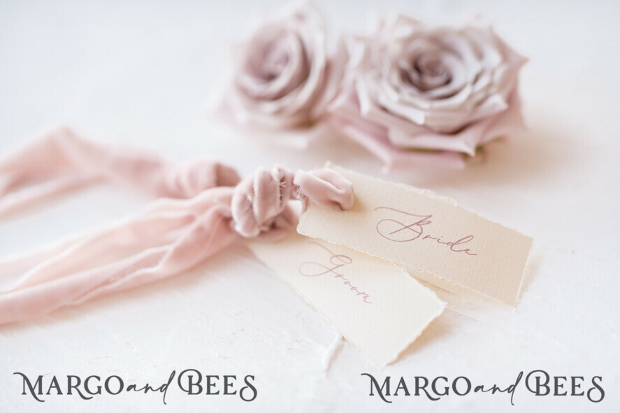 PLACE CARDS / TABLE CARDS Romantic Boho/ Botanical/ Floral Romantic Ivory Wedding Place Cards with Blush Pink Velvet Ribbon, Elegant Cards with Blush Pink Custom Wording, Minimalistic Name Tags, Decle-Edged Wedding Tags