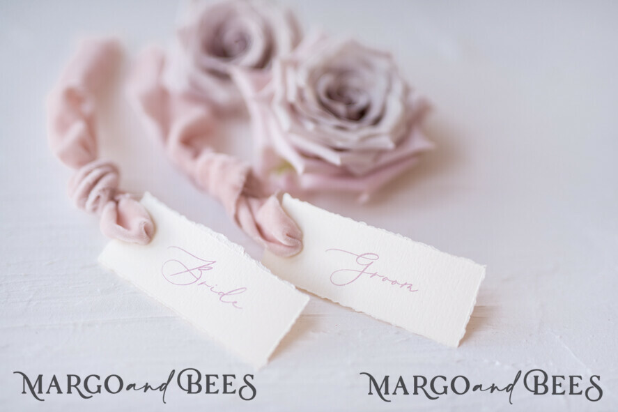 PLACE CARDS / TABLE CARDS Romantic Boho/ Botanical/ Floral Romantic Ivory Wedding Place Cards with Blush Pink Velvet Ribbon, Elegant Cards with Blush Pink Custom Wording, Minimalistic Name Tags, Decle-Edged Wedding Tags