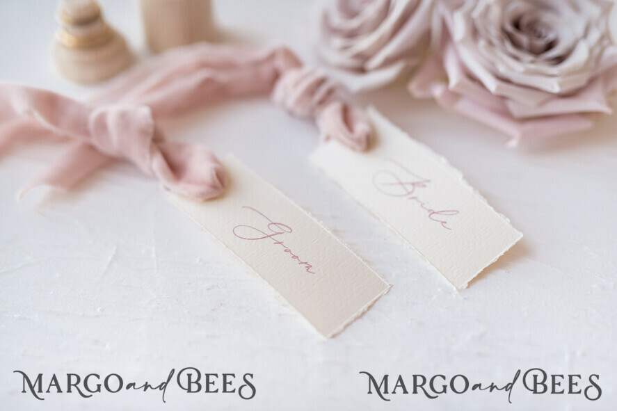 PLACE CARDS / TABLE CARDS Romantic Boho/ Botanical/ Floral Romantic Ivory Wedding Place Cards with Blush Pink Velvet Ribbon, Elegant Cards with Blush Pink Custom Wording, Minimalistic Name Tags, Decle-Edged Wedding Tags