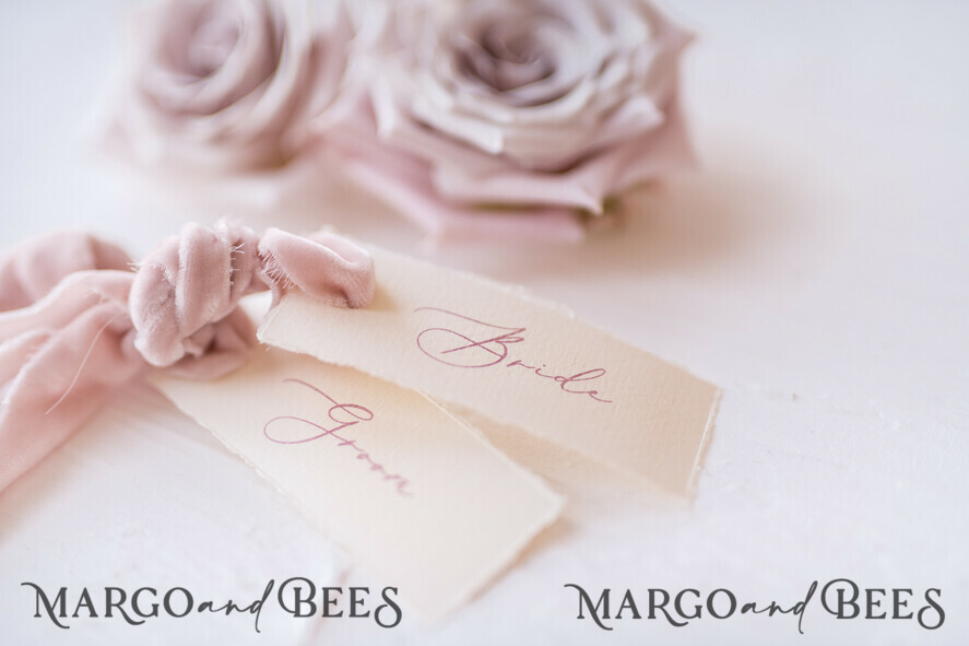 PLACE CARDS / TABLE CARDS Romantic Boho/ Botanical/ Floral Romantic Ivory Wedding Place Cards with Blush Pink Velvet Ribbon, Elegant Cards with Blush Pink Custom Wording, Minimalistic Name Tags, Decle-Edged Wedding Tags